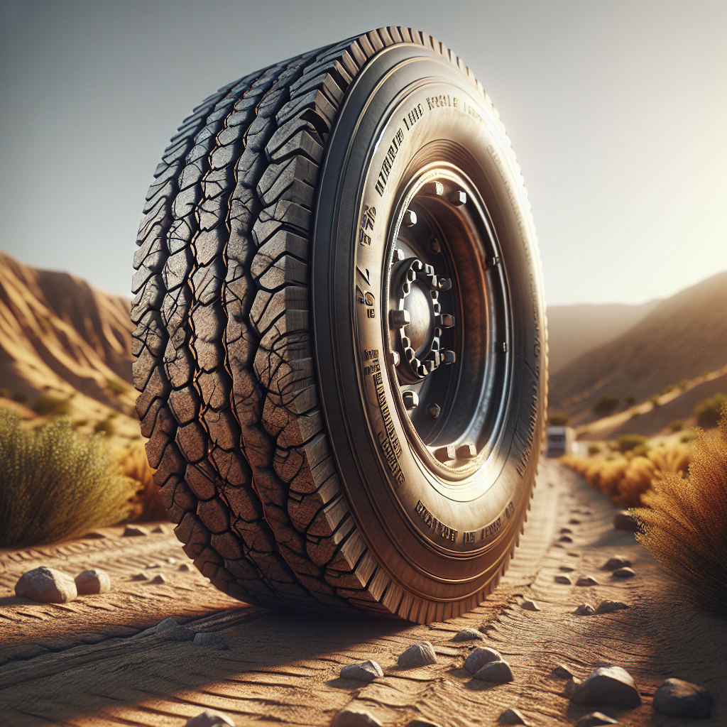 A close-up view of a heated trailer tire on a dirt road, showing signs of wear.