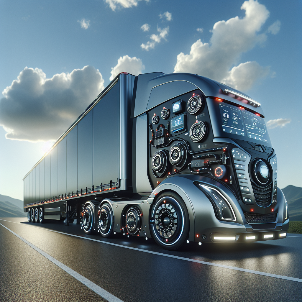 A modern trailer on a road, showcasing a tire monitoring system with sensors on its tires.