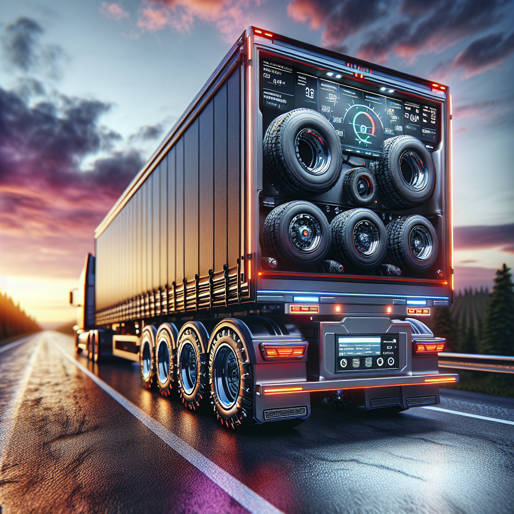A trailer on a highway with a tire pressure monitoring system, illuminated by a sunset.
