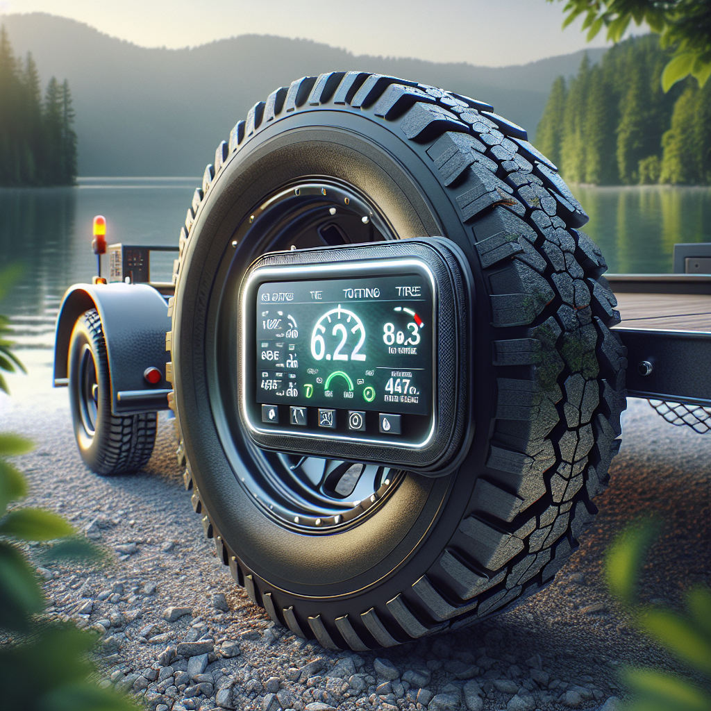 A tire pressure monitoring system displayed on a boat trailer tire, with a serene outdoor background.