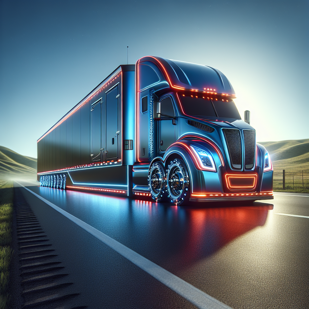 A modern trailer showcasing a tire monitoring system on a highway.