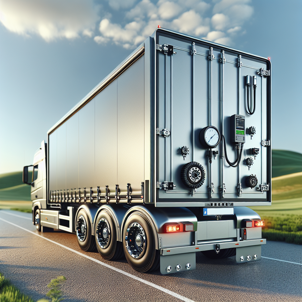 A trailer with tire monitoring system in a serene landscape.