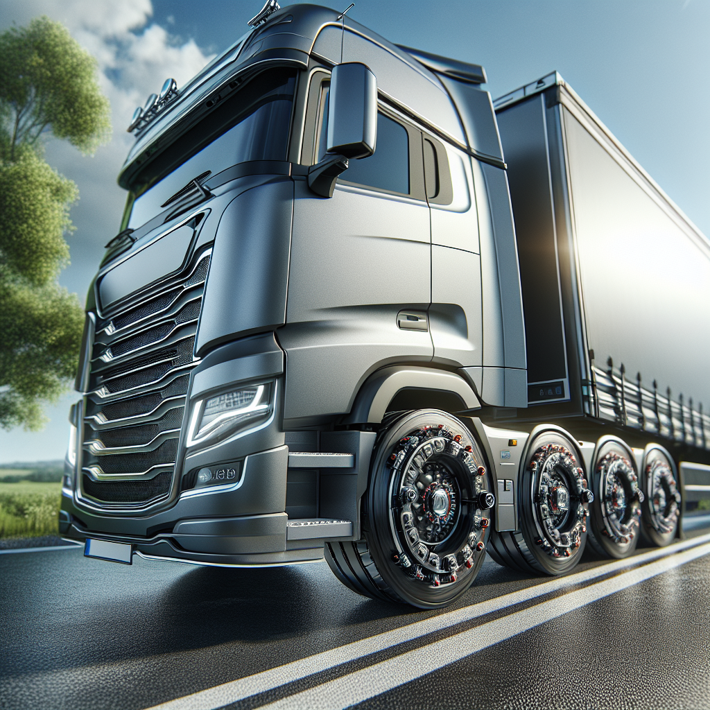 A trailer on an open road with a visible tire monitoring system, surrounded by greenery.