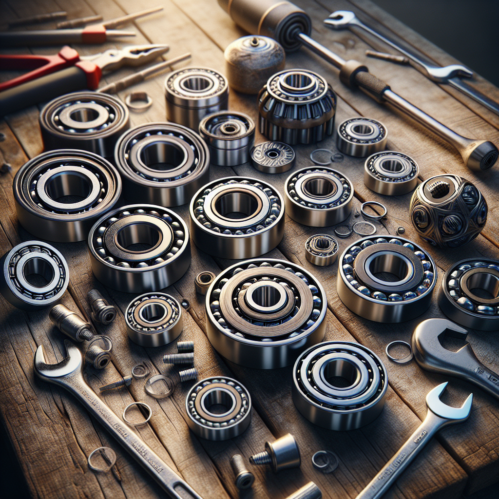 Trailer bearings and tools on a wooden workbench.