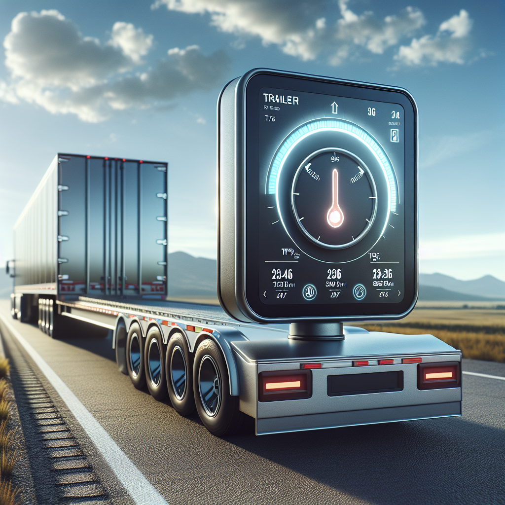 A high-tech tire monitoring system on a trailer with a scenic road background.