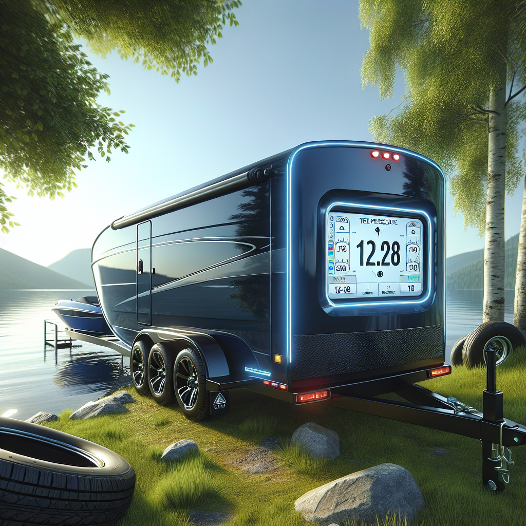 A boat trailer with a tire pressure monitoring system display, set by a serene lakeside landscape.