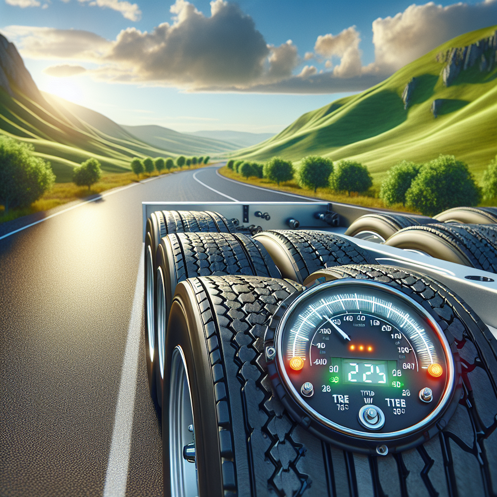 A trailer tire monitoring system on a trailer with visible tires and a picturesque landscape.