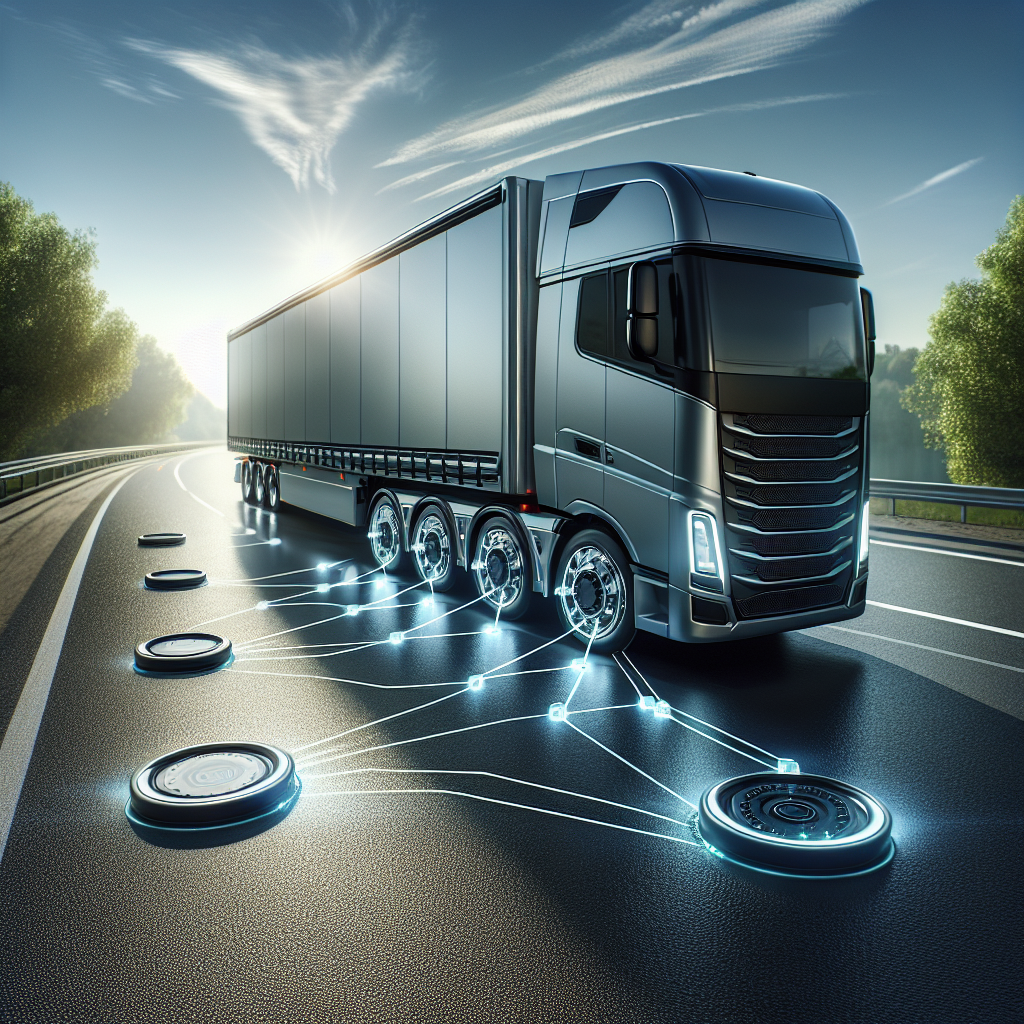 A smart trailer on a highway showcasing its advanced tire monitoring systems.