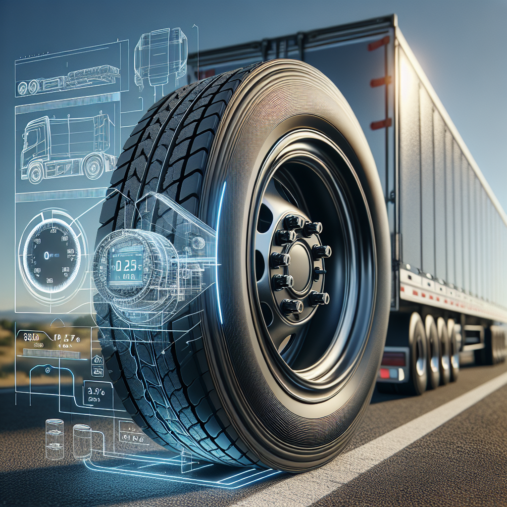 A detailed tire monitoring system with a trailer tire and a highway background.