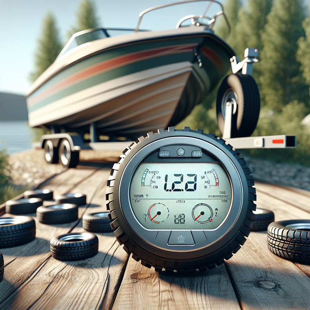 A tire pressure monitoring system display showing tire pressure levels on a boat trailer.