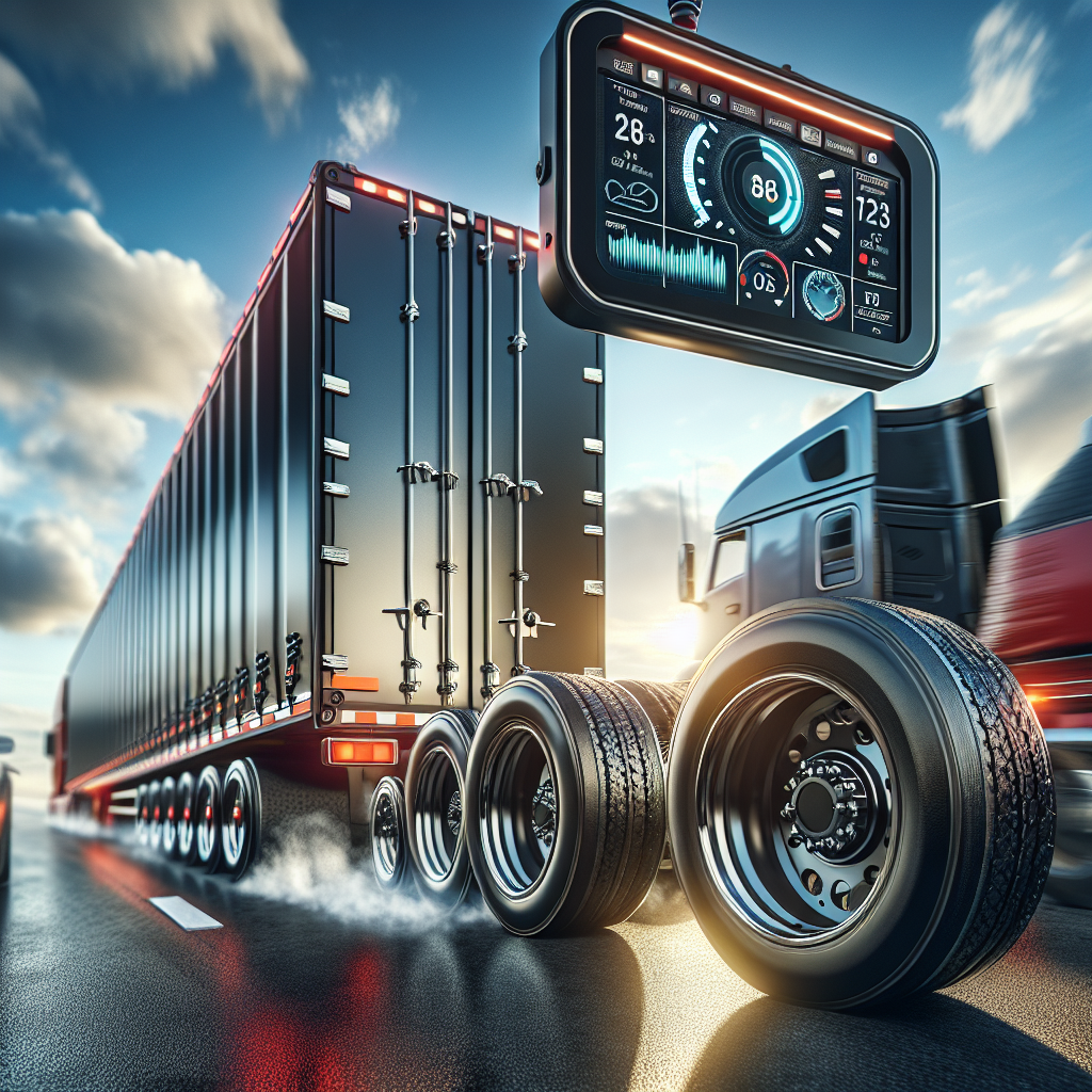 A trailer tire monitoring system showcased with its display and tires on a highway.