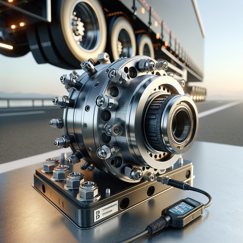A modern trailer hub with a temperature sensor mounted on it, set against a serene road backdrop.