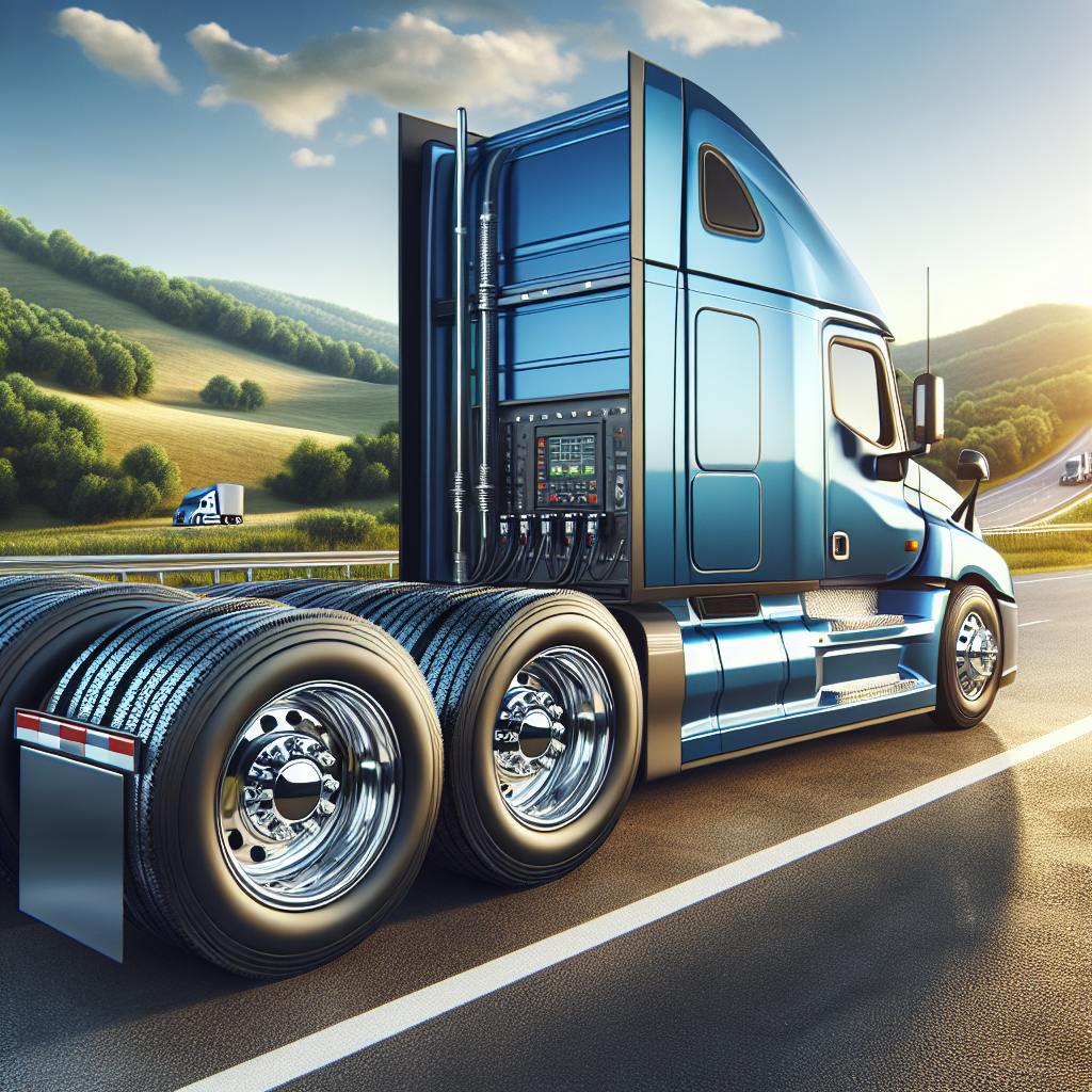 A trailer parked on a scenic highway showcasing its tires and monitoring system.