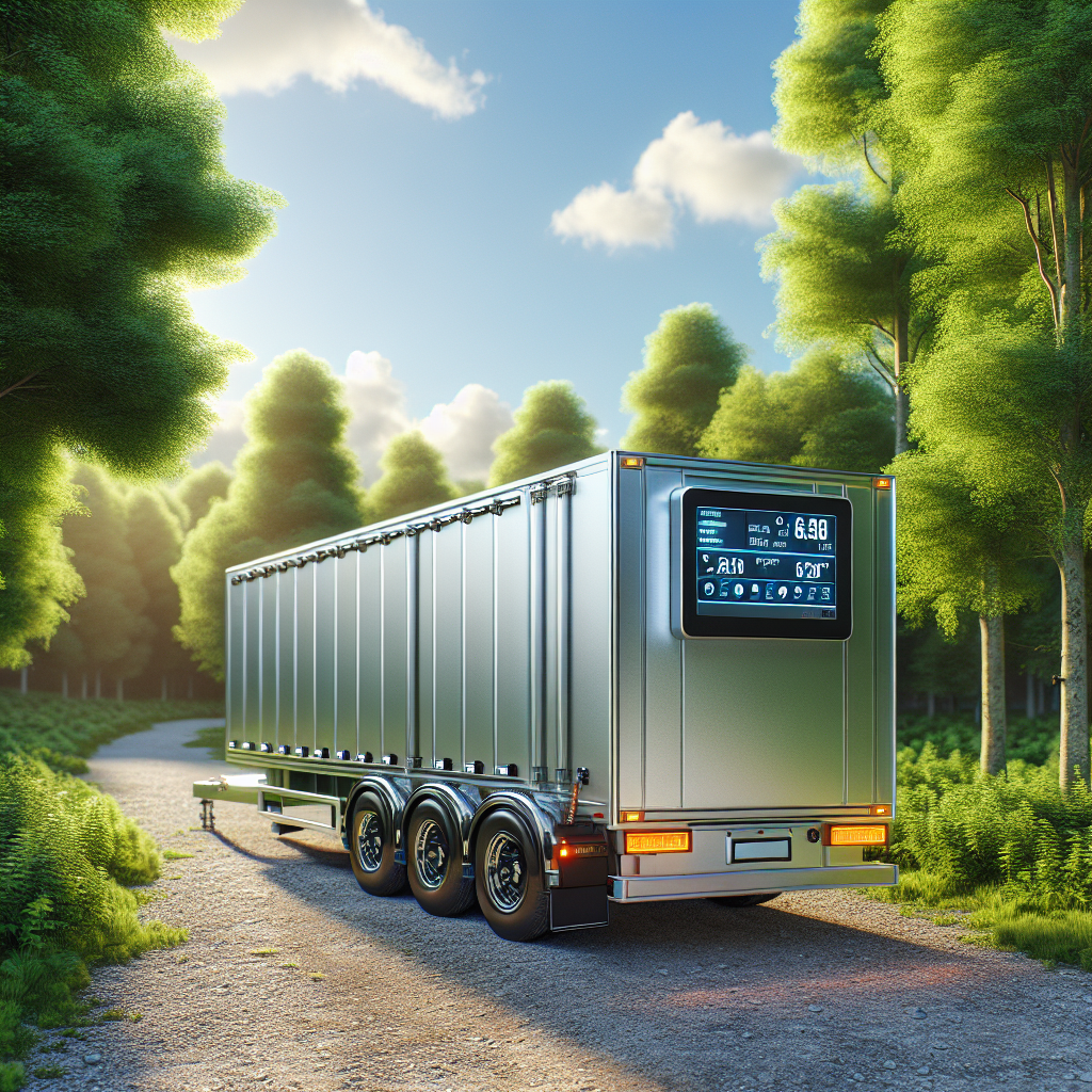 A trailer with a tire pressure monitoring system parked on a gravel road surrounded by trees.