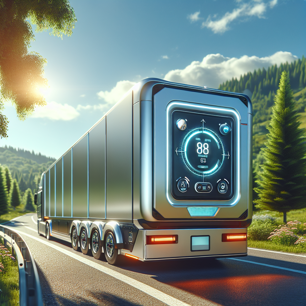 A modern trailer with a visible air pressure monitor parked on a scenic road.