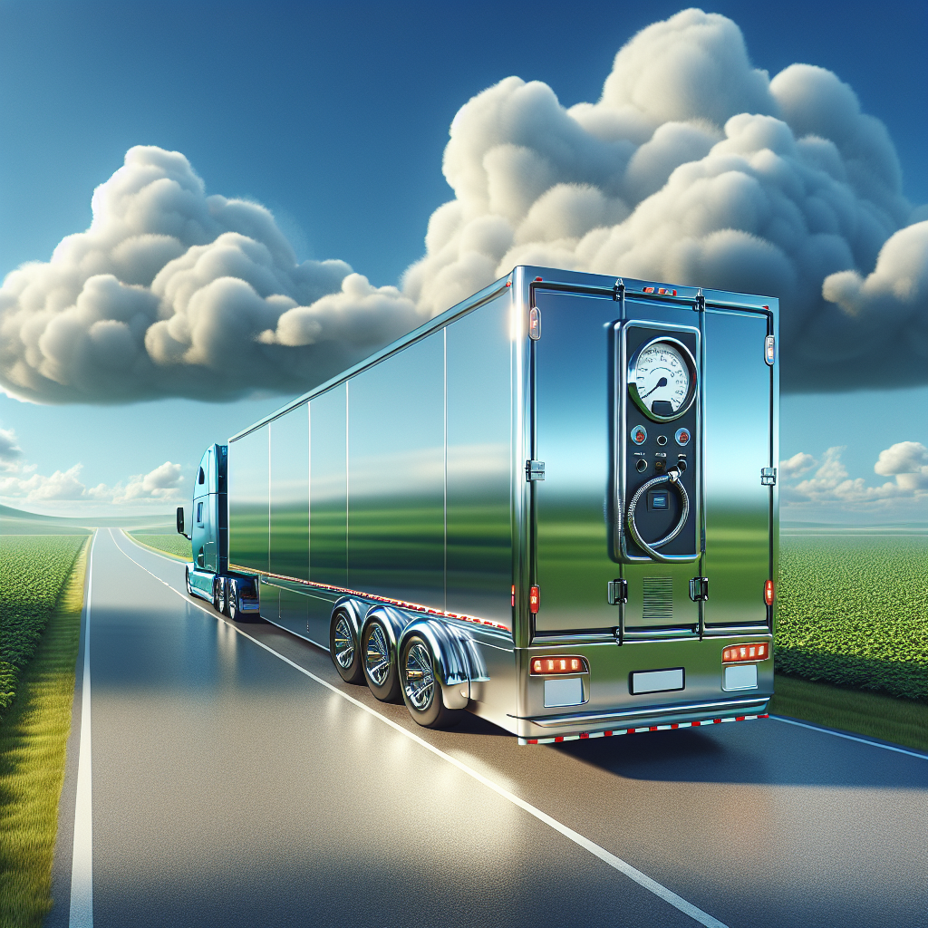 A modern trailer with air pressure monitoring system parked on a serene landscape.