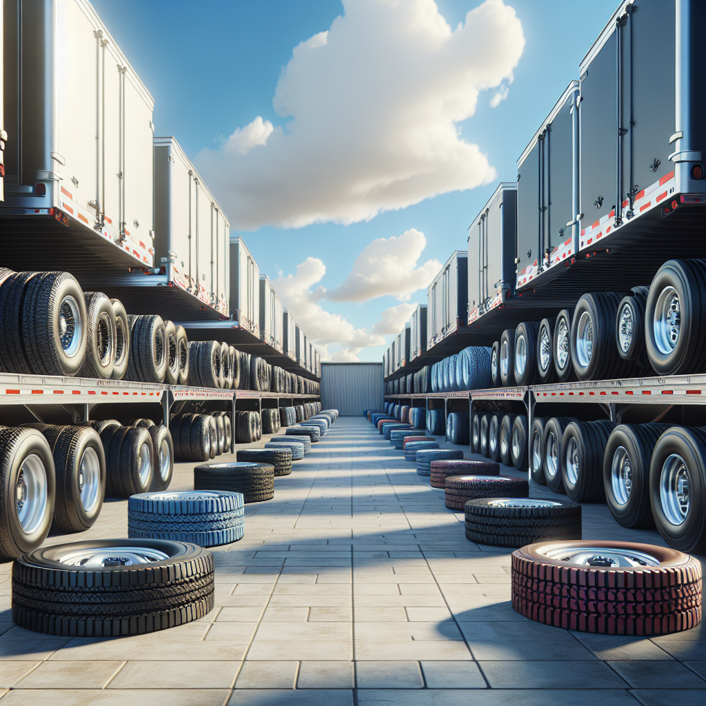 A parking area displaying various trailers with emphasis on their tires.