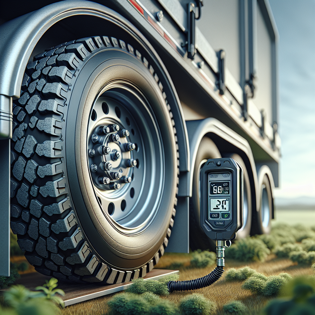 A close-up of a trailer tire with a visible TPMS display indicating tire and axle readings.