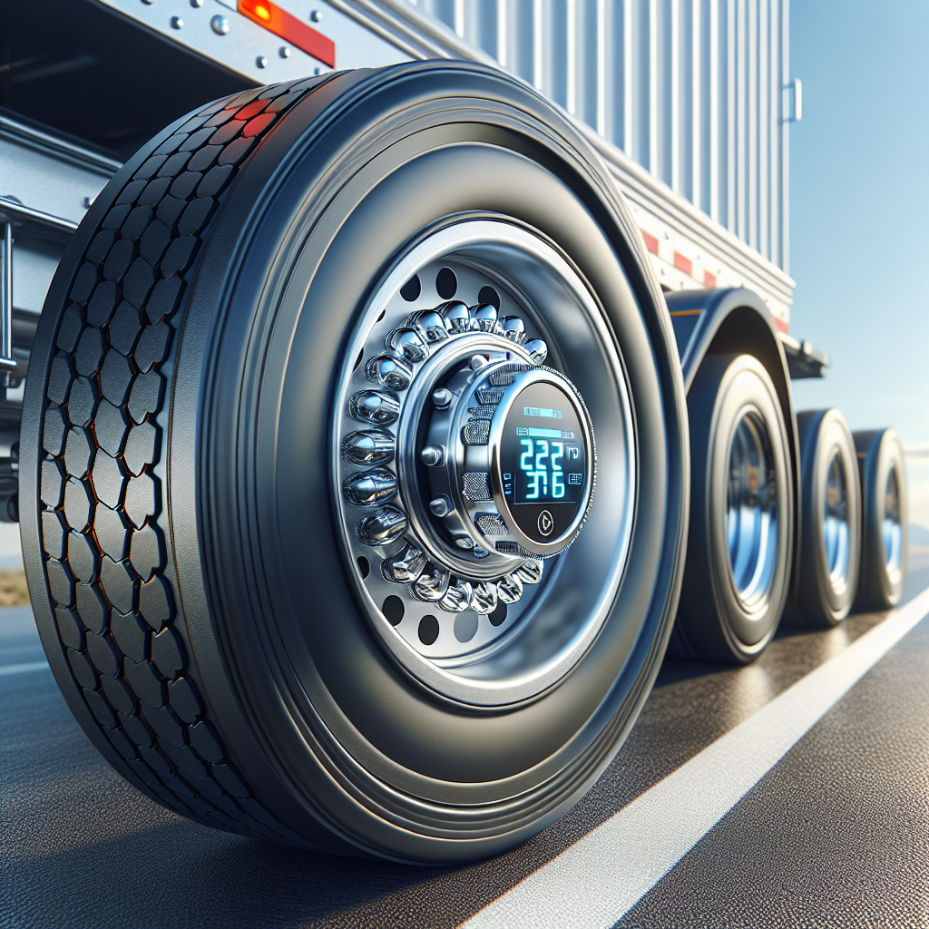 A trailer hub temperature sensor on a trailer wheel against a road backdrop.