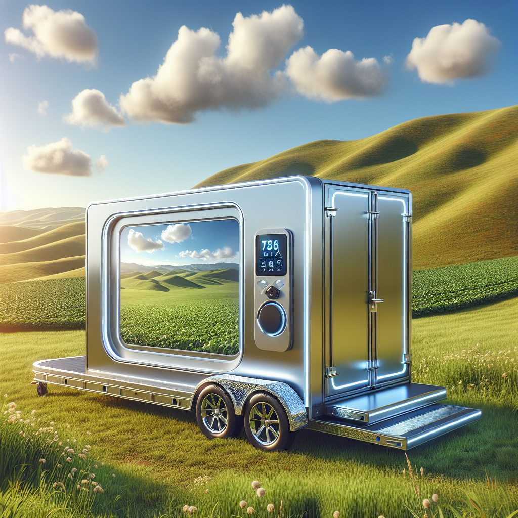 A modern trailer in a landscape with a digital air pressure monitor.