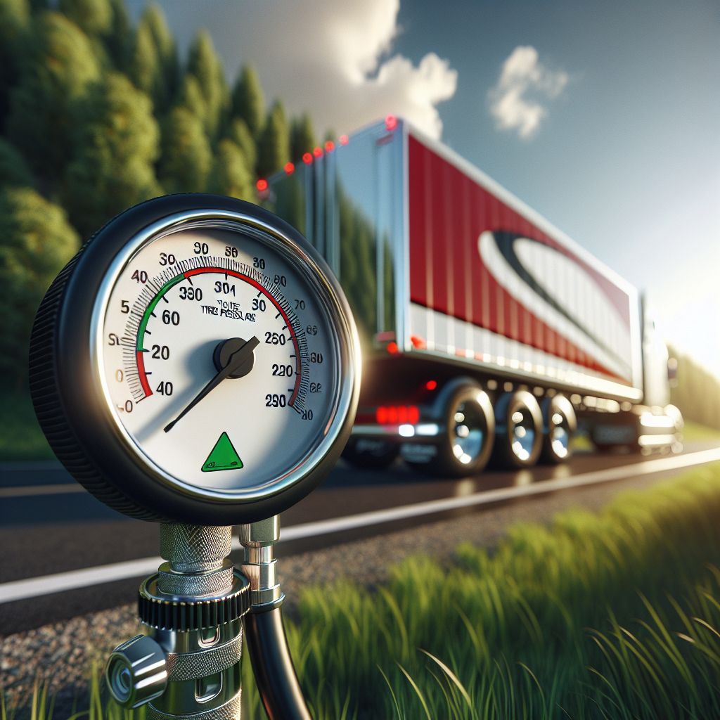 Close-up of a tire pressure gauge with a trailer in the background.