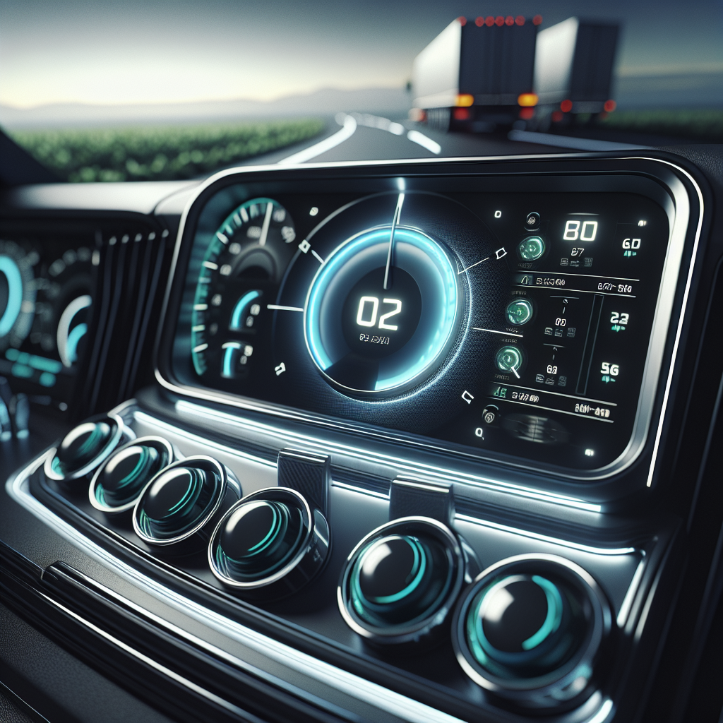 A close-up of a tire monitoring system on a dashboard with a backdrop of a trailer on the road.