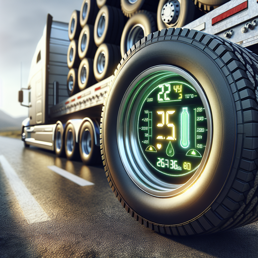 A close-up of a tire monitoring system display with a trailer truck in the background.