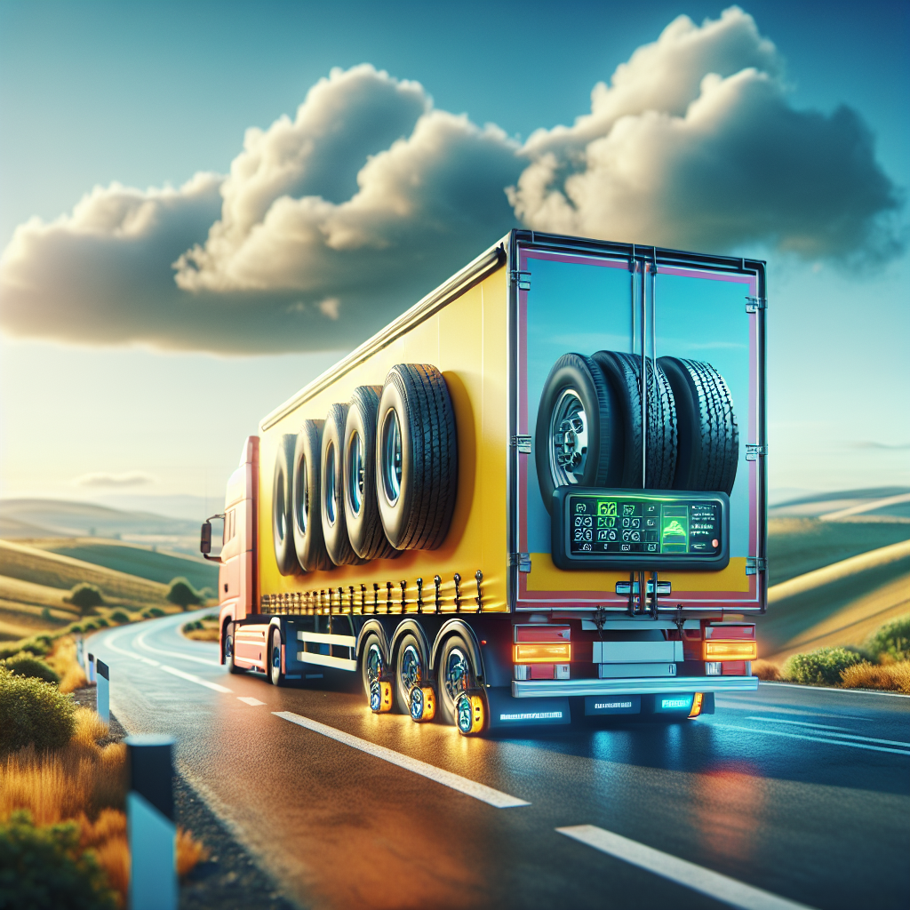 A brightly colored trailer on a scenic road with well-maintained tires and a beautiful landscape.