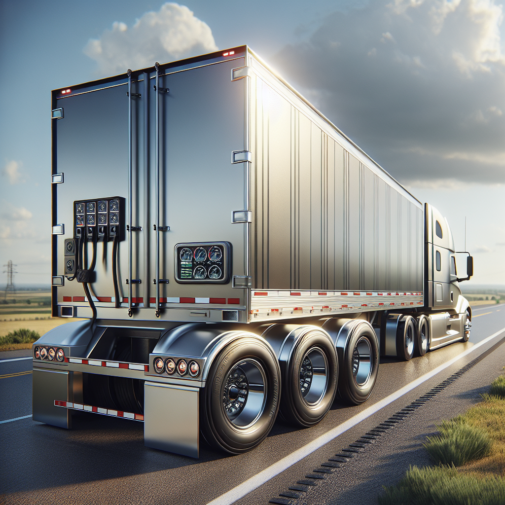 A trailer with a tire monitoring system on a highway, showcasing its wheels and technology.