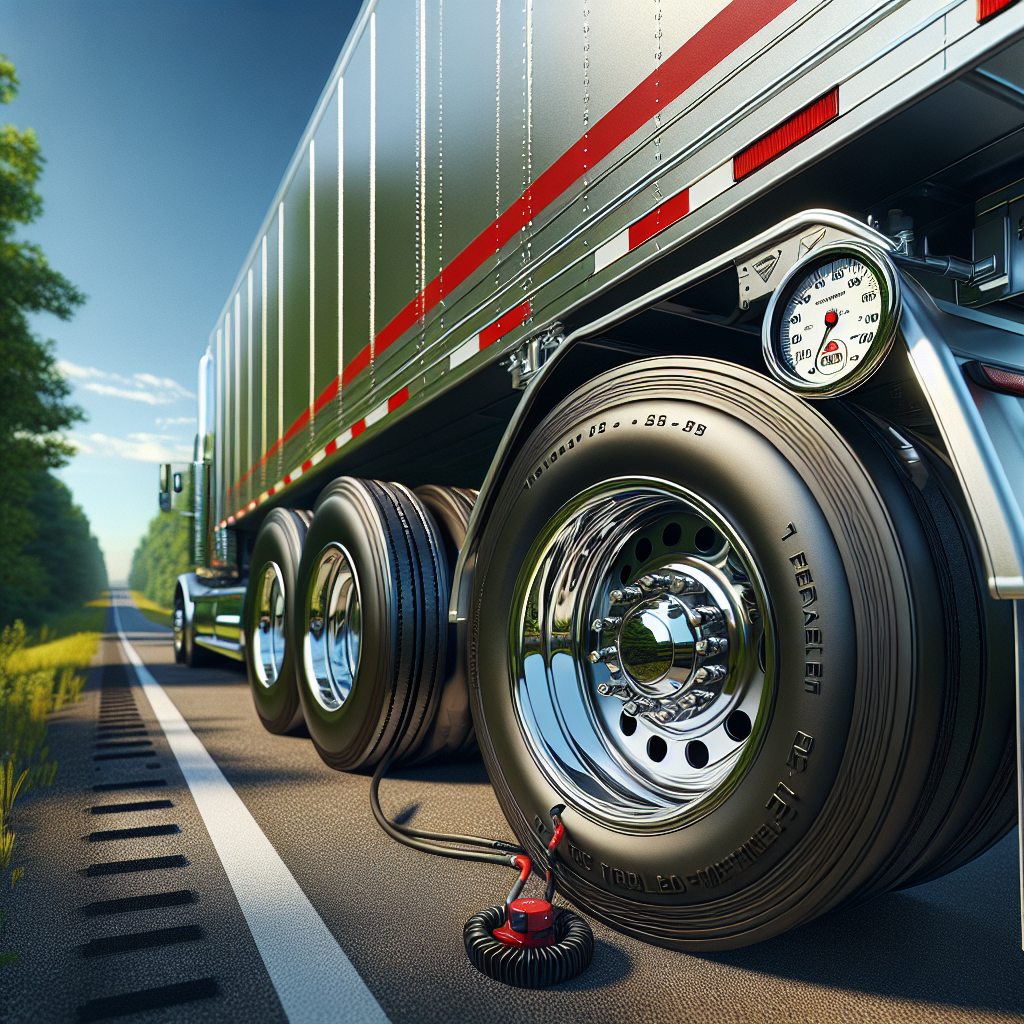 A trailer showcasing a close-up of its tire with a tire pressure monitoring system in a serene highway setting.