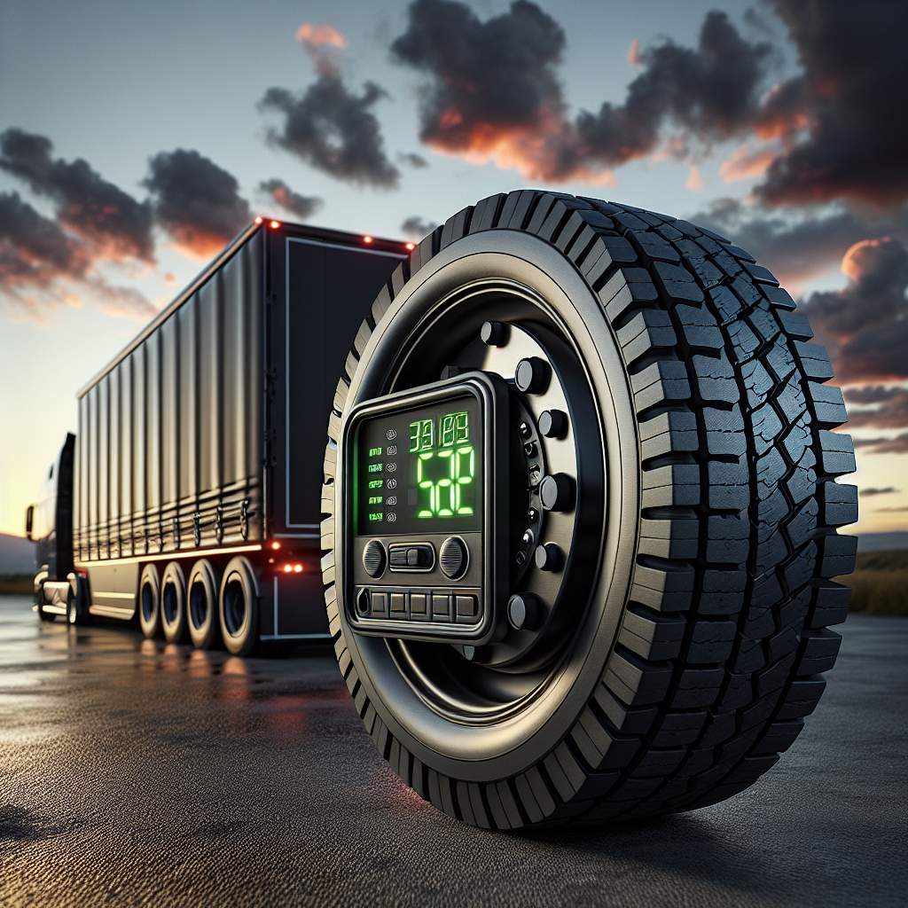A trailer tire monitoring system with a digital display in a sunset landscape.