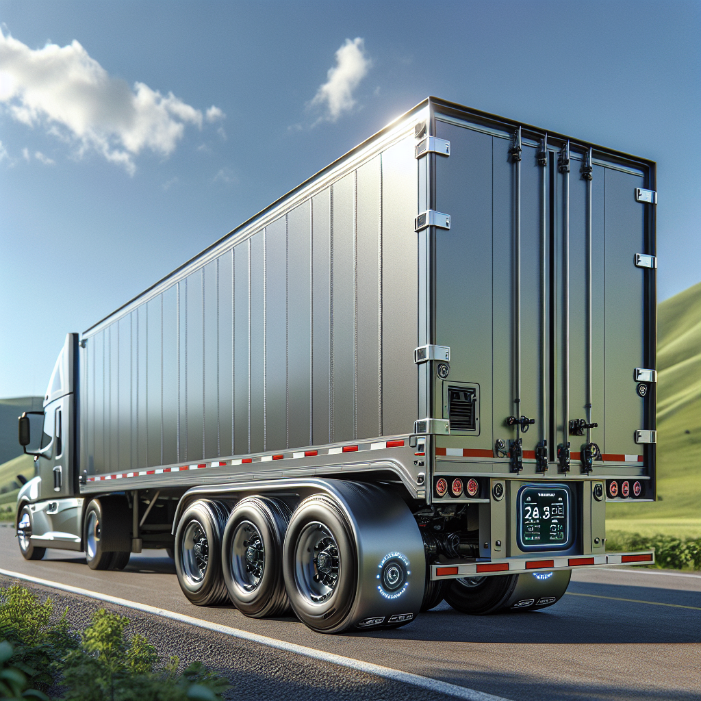 A trailer on a countryside road with a focus on its TPMS sensors on the tires.