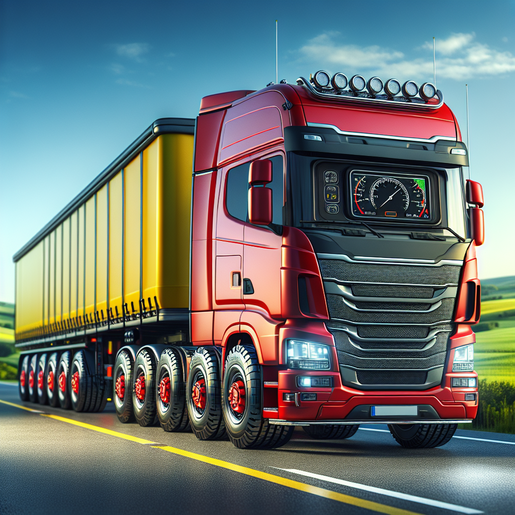 A red heavy-duty truck towing a yellow trailer, highlighting tire pressure monitoring systems.
