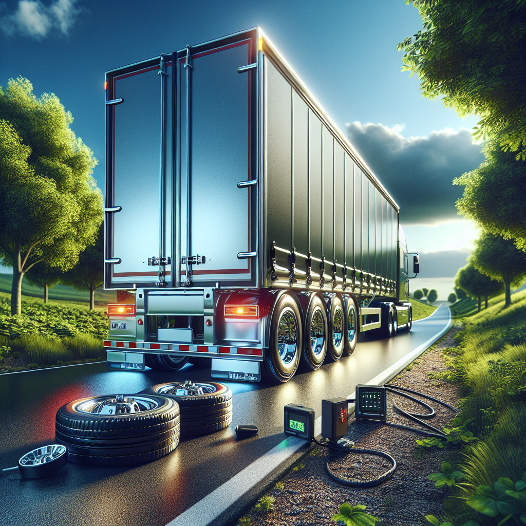 A trailer equipped with a Tire Pressure Monitoring System parked on a scenic roadside.