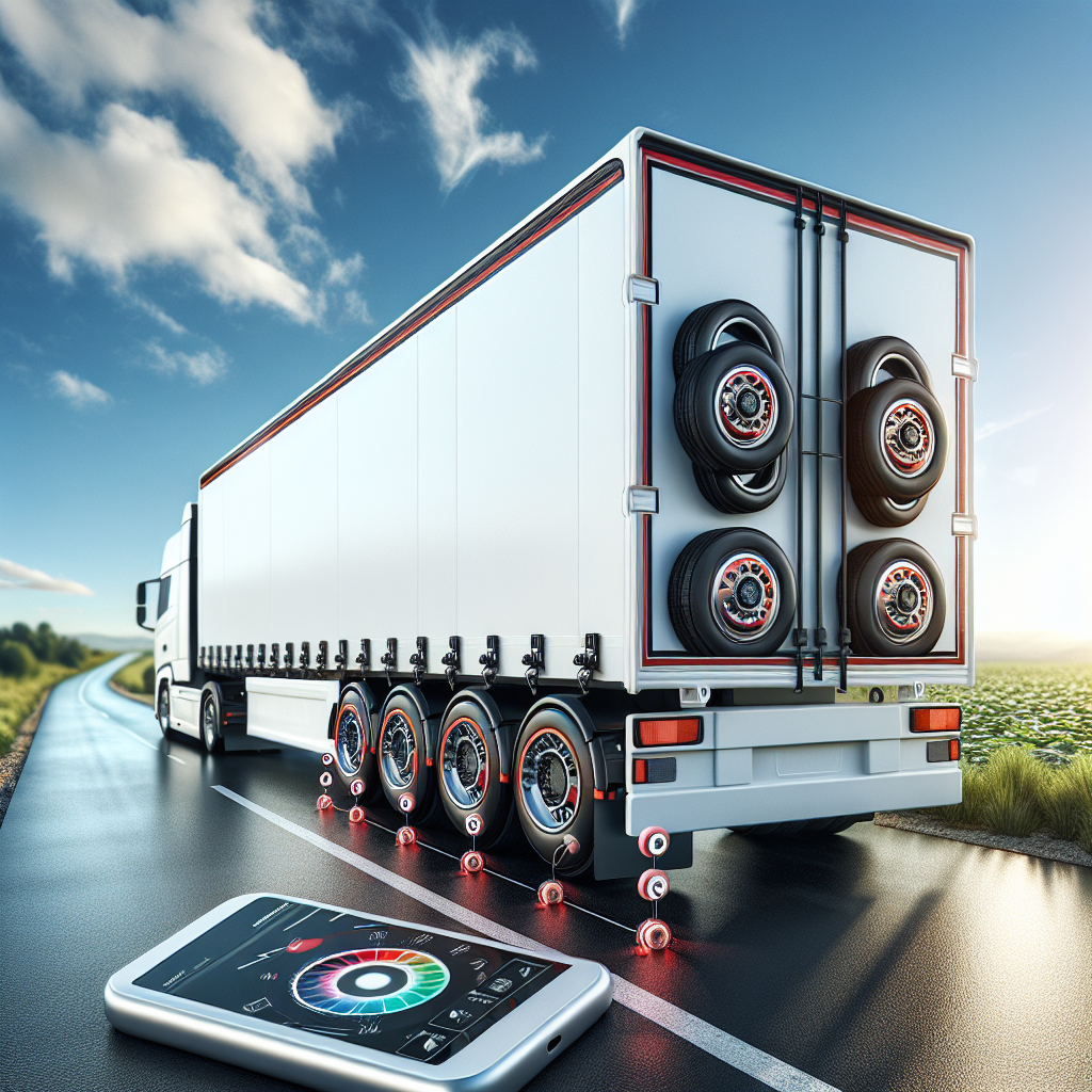 A trailer on the road with a smartphone displaying tire data.