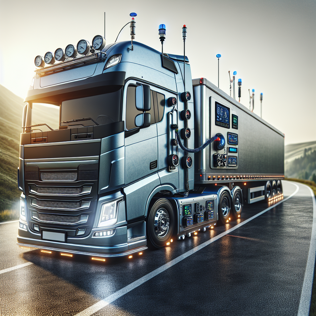 A tire pressure monitoring system in a truck and trailer on a road, with detailed equipment and a scenic background.