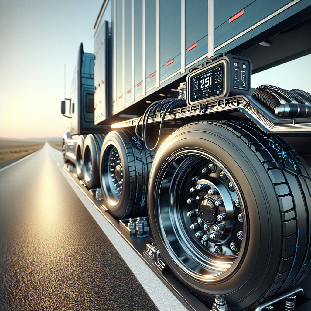 A close-up of a trailer's tires and tire pressure monitoring display.
