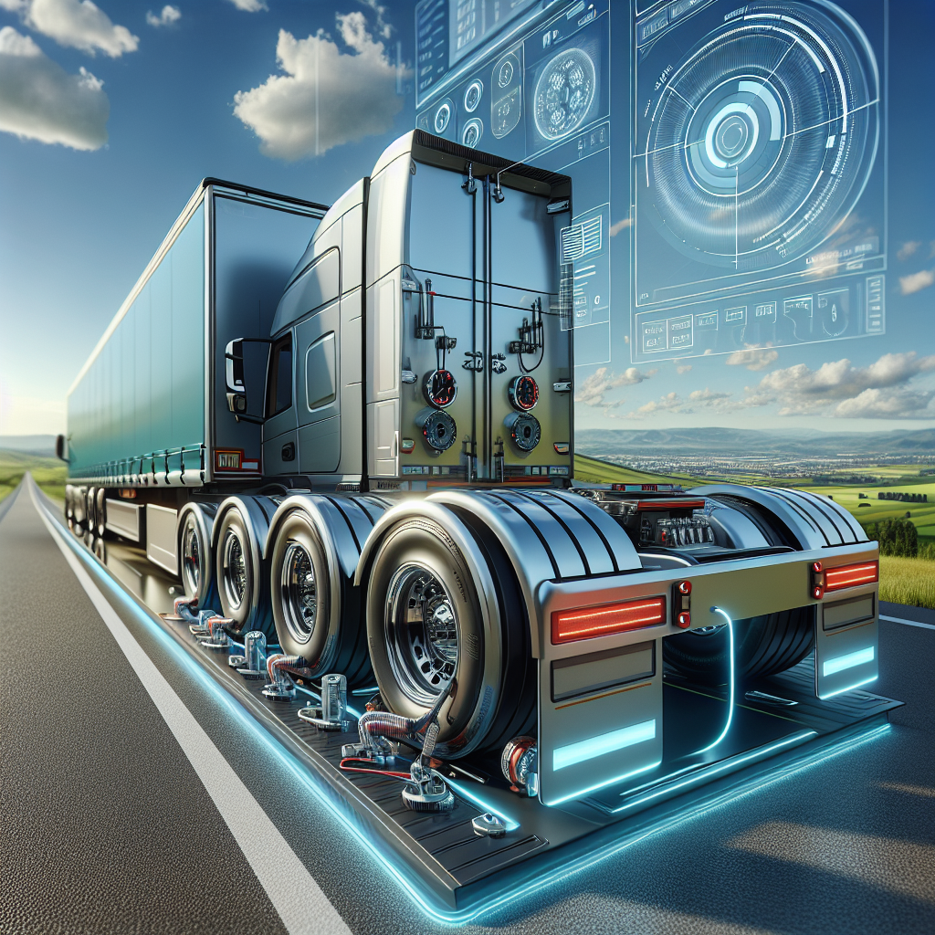 A modern trailer on a highway with visible tire sensors and a scenic backdrop.