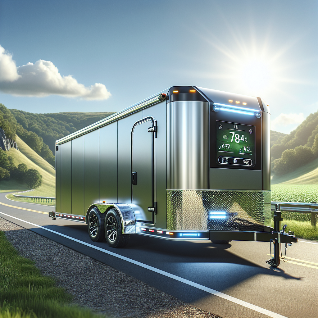 A modern trailer with integrated TPMS sensors, parked beside a road with hills in the background.