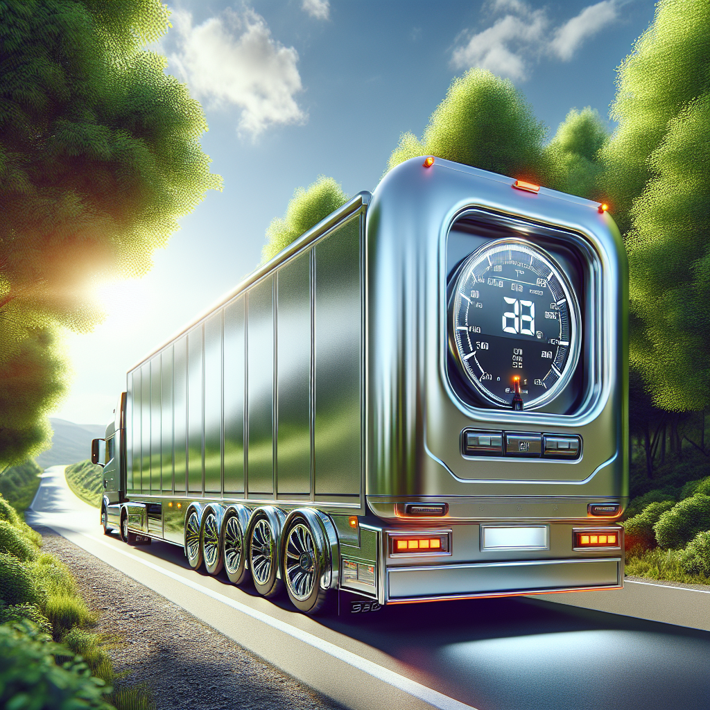 A trailer with a Tire Pressure Monitoring System displayed on a digital screen, parked under a blue sky.