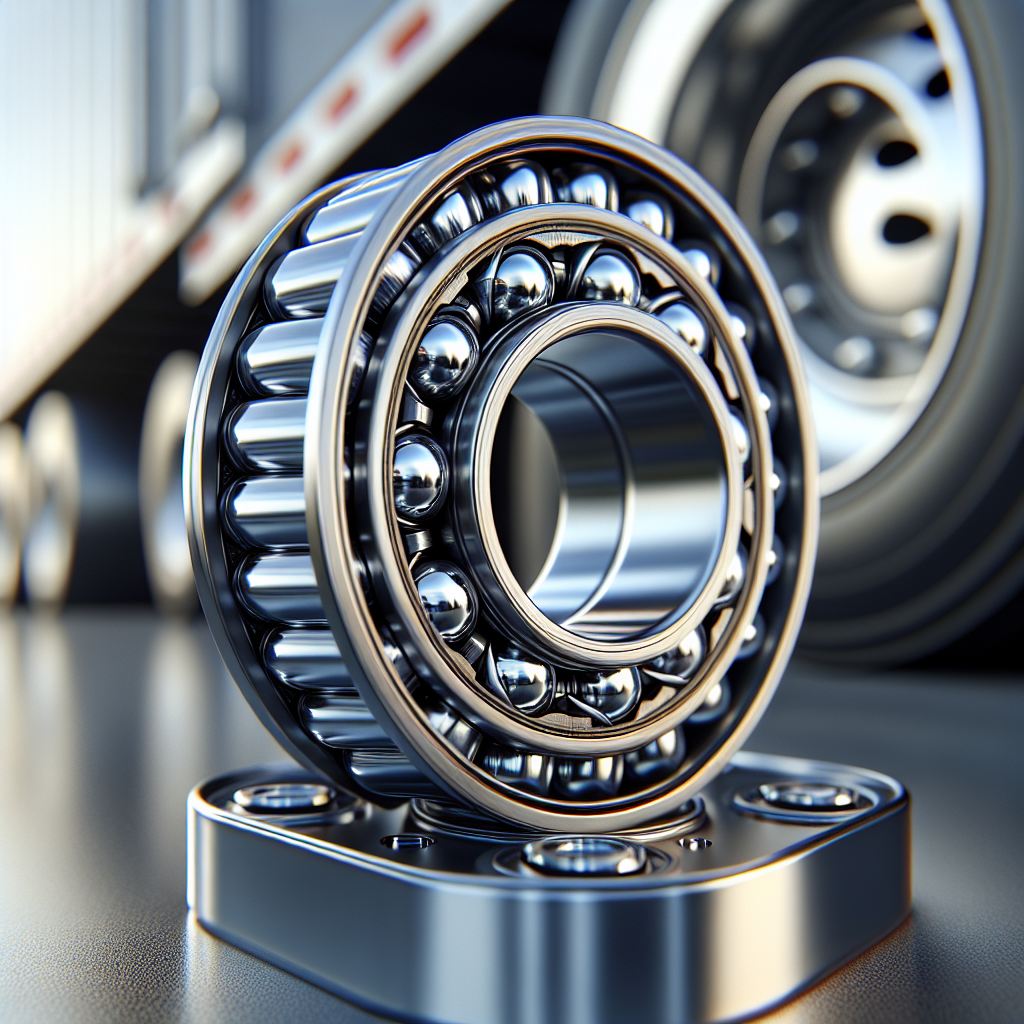 A close-up of a trailer wheel bearing with metallic components against a blurred background of a trailer wheel.
