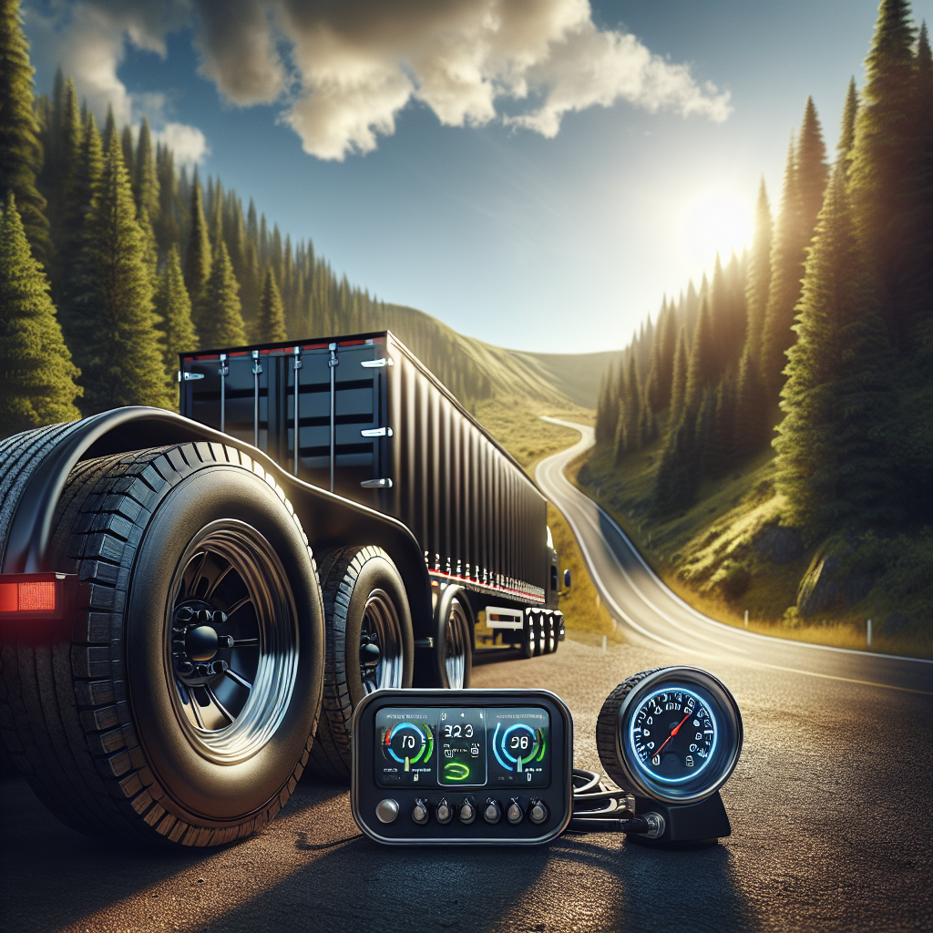 A close-up of a trailer's tires with a modern tire pressure monitor displayed beside a scenic road.