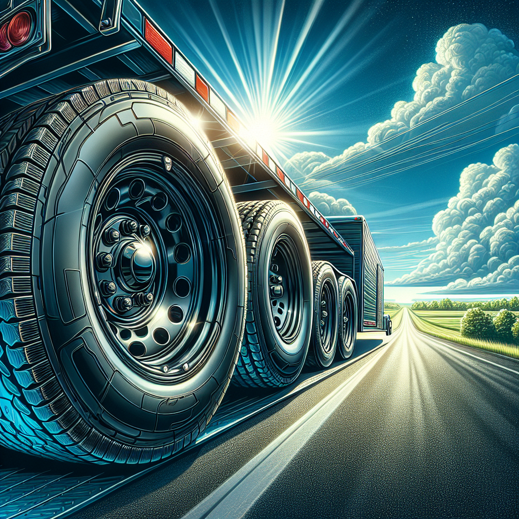A trailer on a highway with a focus on the detailed tires.