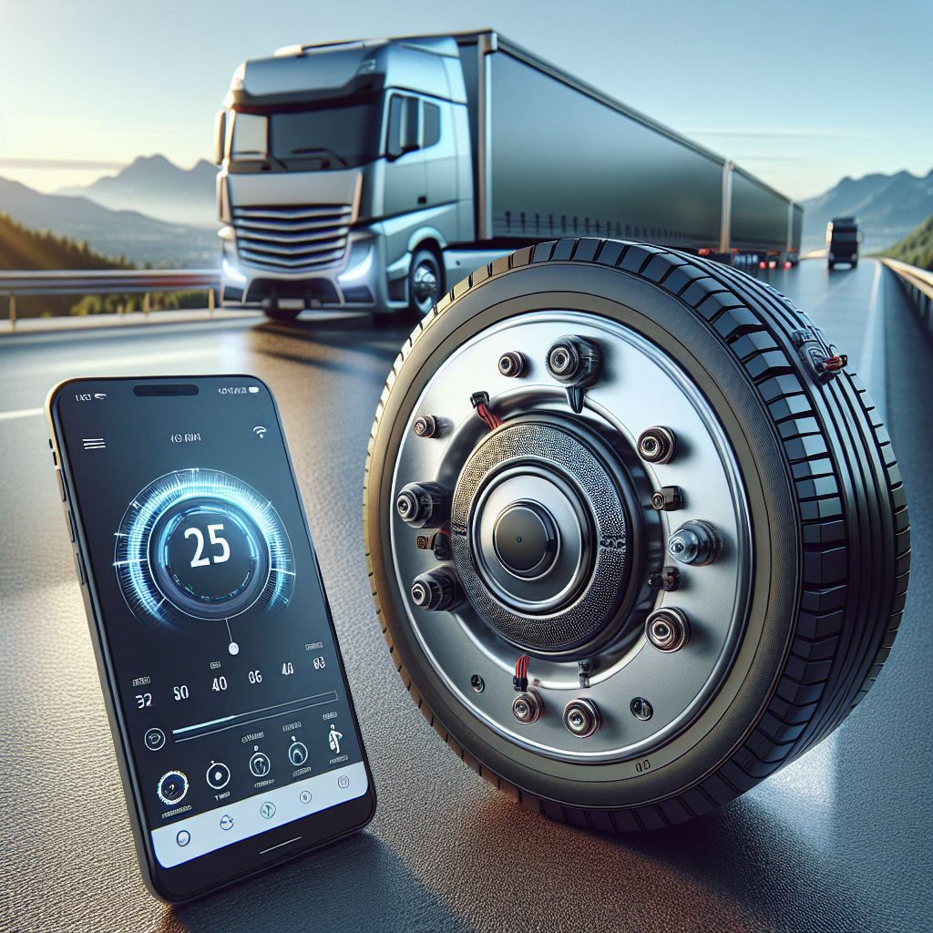 Close-up of a tire pressure monitoring system for trailers with a smartphone displaying tire data.