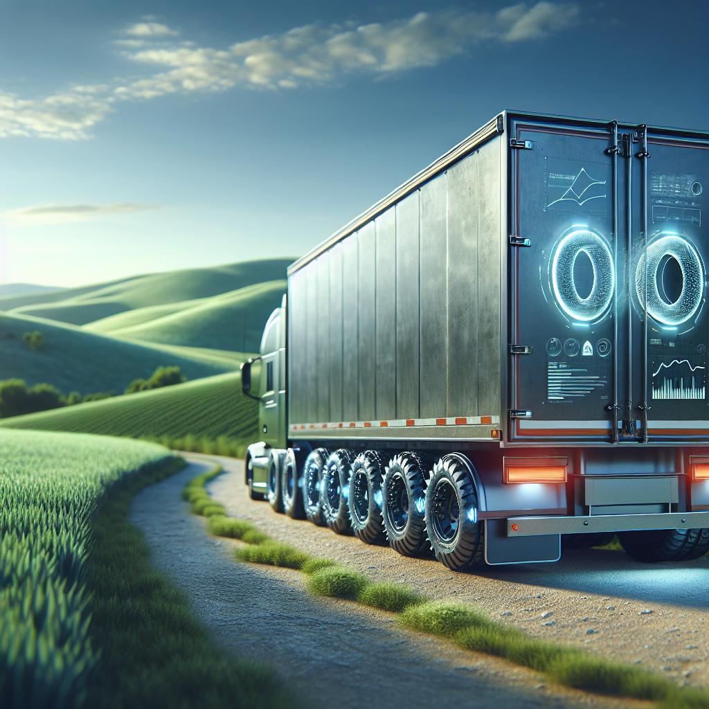 A trailer with a tire monitoring system parked on a road with a countryside background.