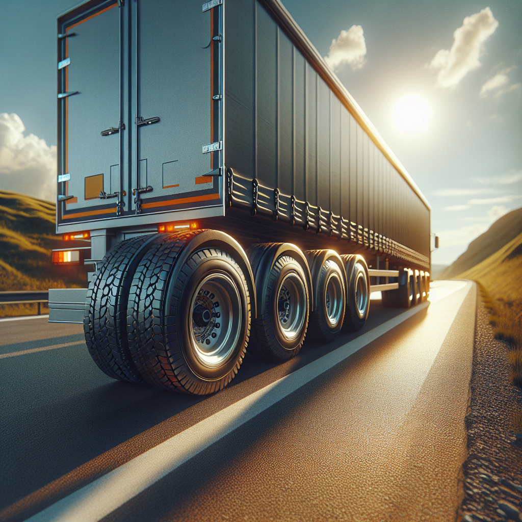 A trailer with visible tires on a highway during daylight, surrounded by hills and grass.