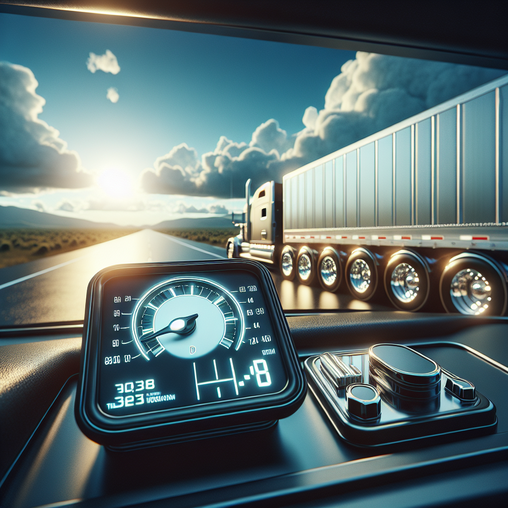 A trailer tire pressure monitoring system on a dashboard with a trailer in the background.