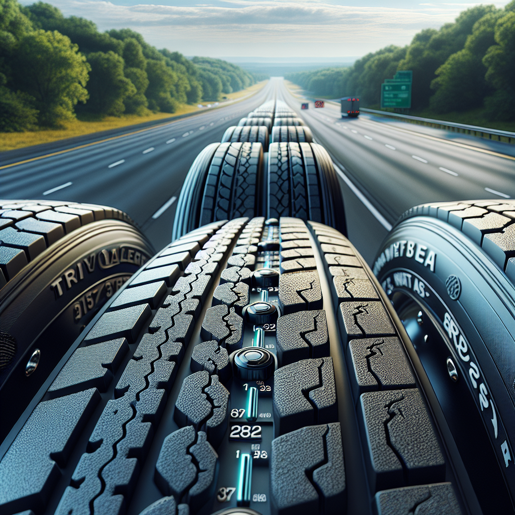 A close-up view of a trailer's tires on a highway, focusing on the details of the tire textures.