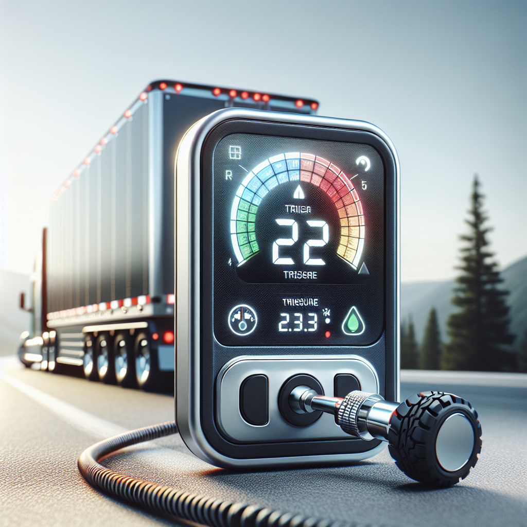 A trailer tire pressure monitor next to a blurry scenic road with a trailer.