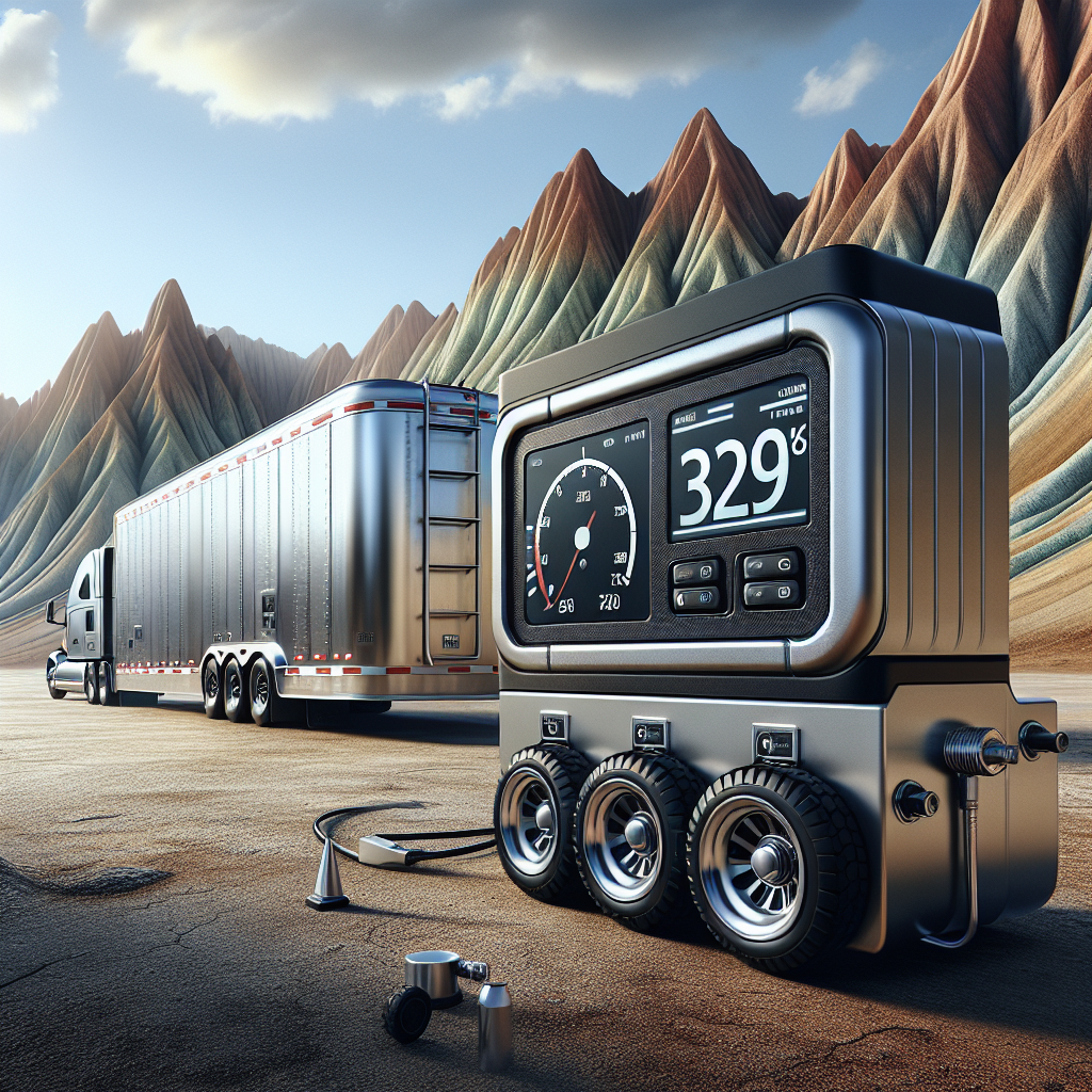 A close-up of a trailer tire monitoring system with a trailer in a landscape.
